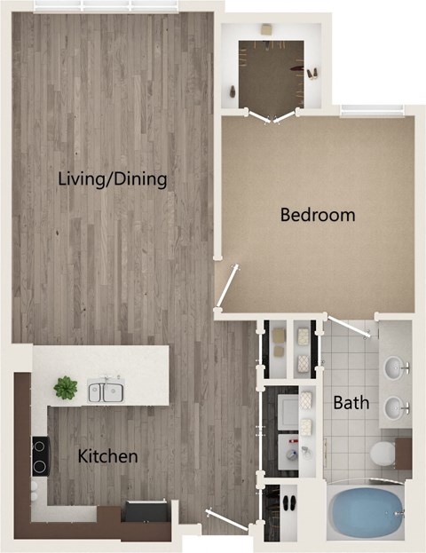 Floor plan for 1 bed, 1 bath, 768 sqft